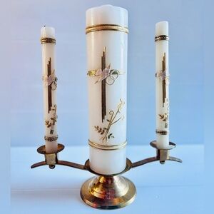 Vintage Brass Triple Candle Holder Milk Glass Altar